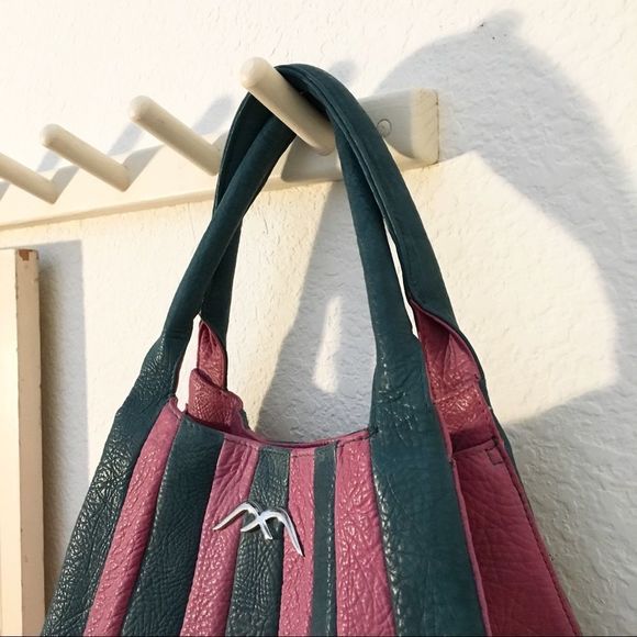 Big Leather Designer Bag, Vertical Stripe Panels - Picture 2 of 8